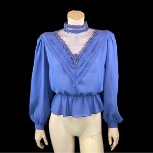 Periwinkle Blue High Neck Victorian Gunne Sax Style Blouse S